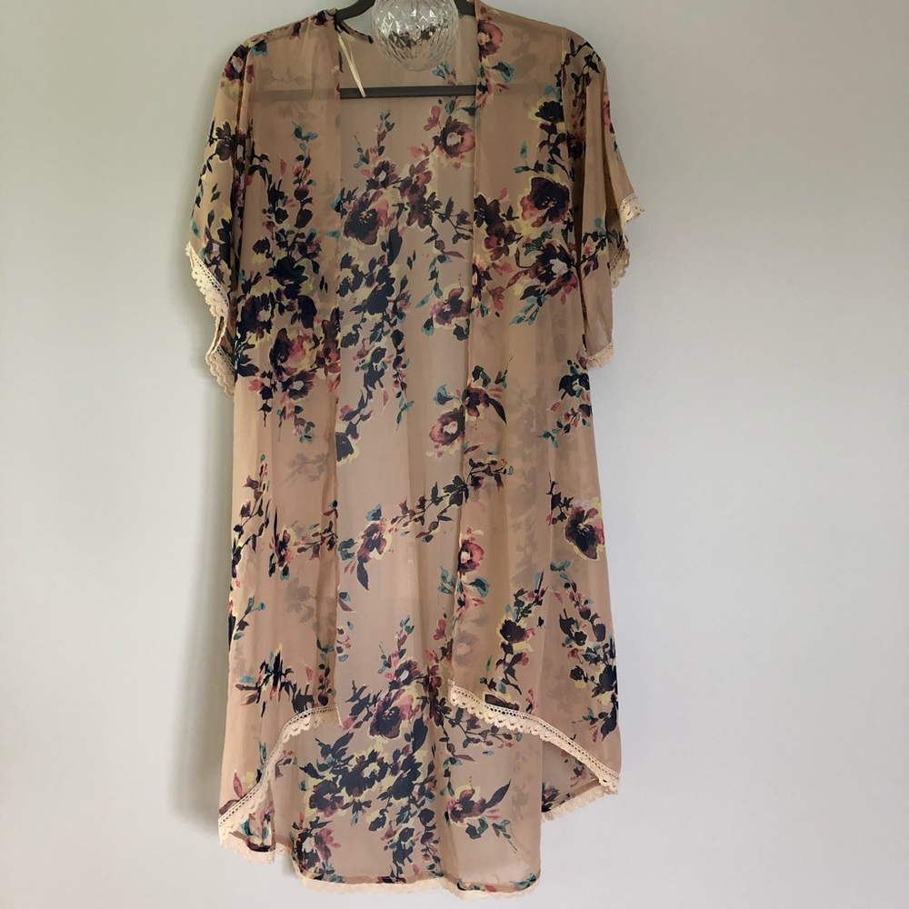 Floral Sheer Cardigan with Lace Trim